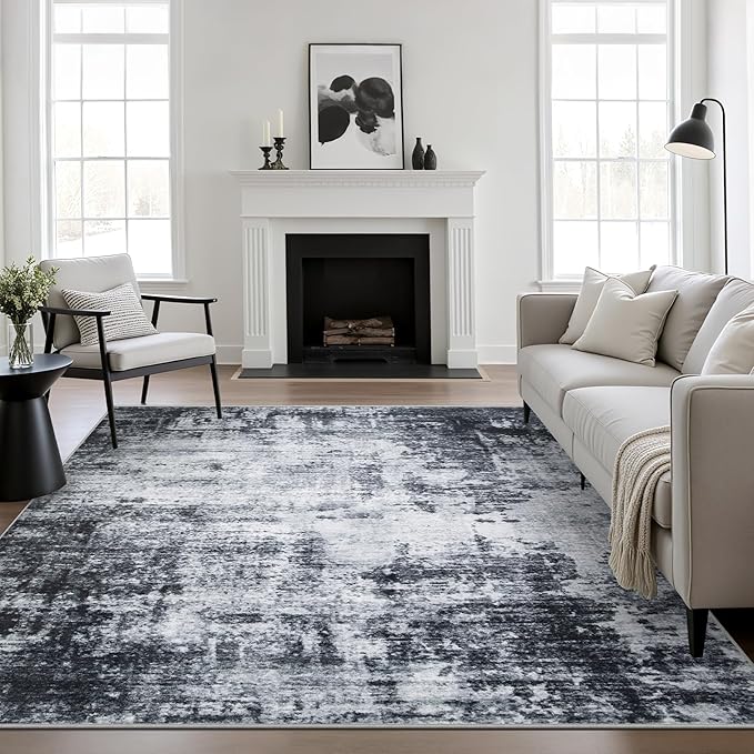 8x8 Area Rug Living Room Rug: Washable Modern Abstract Soft Thin Rug Indoor Floor No Slip Stain Resistant Carpet for Bedroom Dining Room Farmhouse Nursery Home Office - Dark Black
