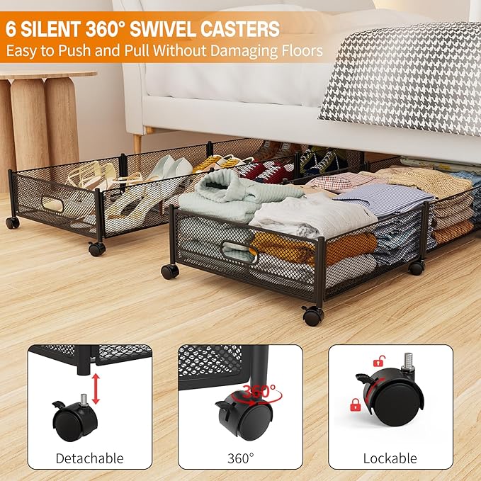 Under Bed Storage With Wheels, 47.2''/90lbs/57.6L, Metal Frame Under Bed Rolling Storage, Tool-Free Assembly Underbed Drawers, Underbed Organizer Containers for Shoes, Clothes and Toys (2 Pack)