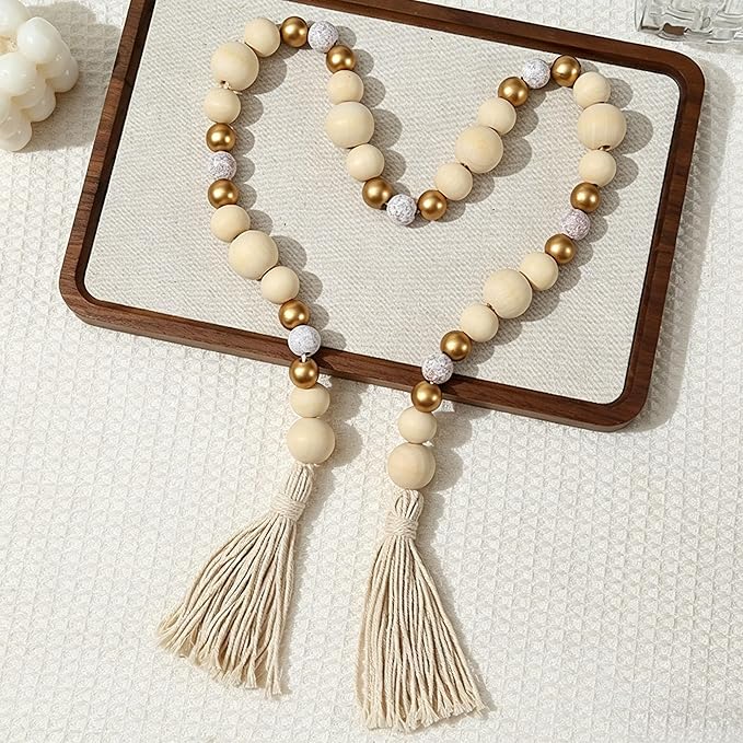 Wood Bead Garland with Tassel, Farmhouse Beads Rustic Country Decor, Boho Chic Wall Hanging Home Decor for Wall, Above Cabinet & Table