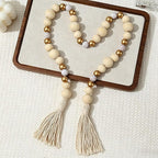Wood Bead Garland with Tassel, Farmhouse Beads Rustic Country Decor, Boho Chic Wall Hanging Home Decor for Wall, Above Cabinet & Table