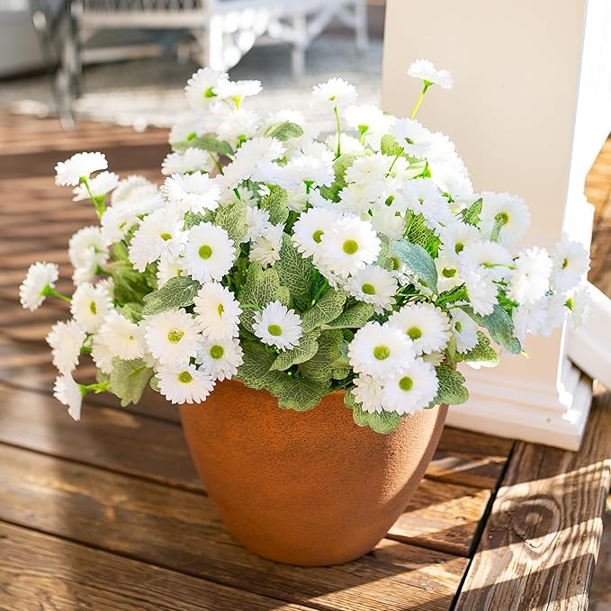 HyeFlora Dahlia Artificial Flowers for Outdoors Spring Summer Decor, 6 Bundles Fake Daisy White Faux Flowers Plants Realistic UV Resistant Silk Flowers for Outside Planter Front Door Yard Garden Home