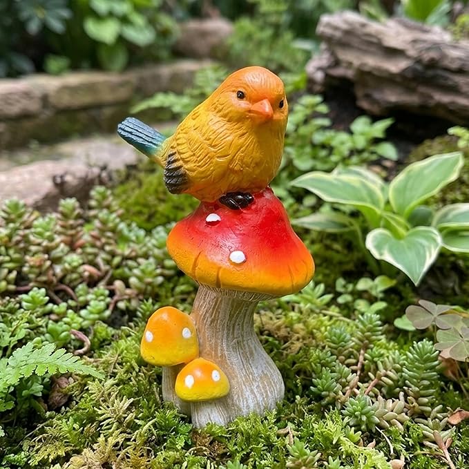 Birds Mushroom Resin Statue - Bird Stand on Mushroom Garden Decor Bright Yellow Small Bird Sculpture Figurine for Indoor Home Shelf Outdoor Backyard Yard Porch Patio Lawn Decorations