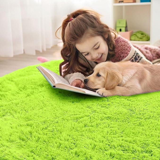 OLANLY Lime Green Round Rugs for Bedroom - Machine Washable, 6 ft Circle Area Rugs for Living Room, Soft and Fluffy Shaggy Carpet for Teen Girl and Boys, Nursery Rooms, Dorms, Home Decor Aesthetic