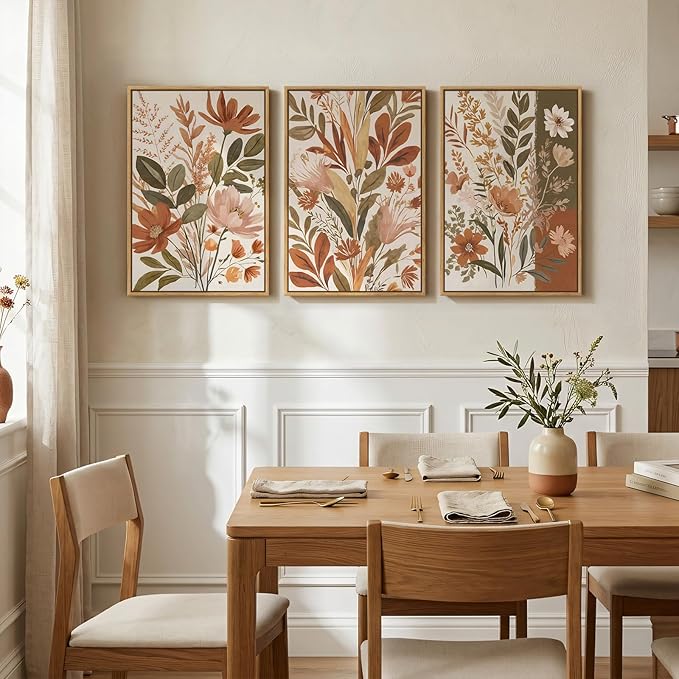 Framed Vintage Botanical Wall Art for Living Room Decor, 3 Piece Boho Warm Neutral Terracotta Floral Nature Canvas Prints, Retro Farmhouse Plant Wall Art for Bedroom Dining Room Entryway, 16x24