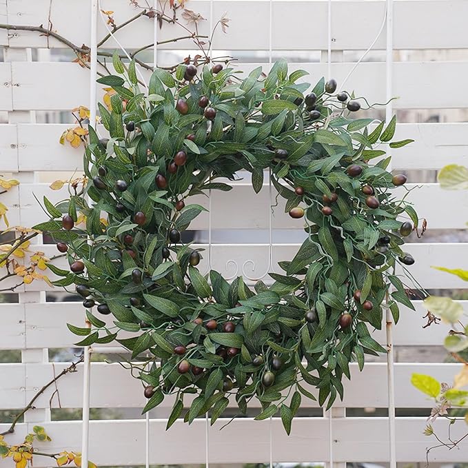 Olive Wreath 26 Inch Wreaths for Front Door with Purely Handmade Realistic Dense Olive Leaf Olive Berry, Elegant Home Decor Wreath Ideal for Front Door, Hallways, Any Area You Want to Brighten