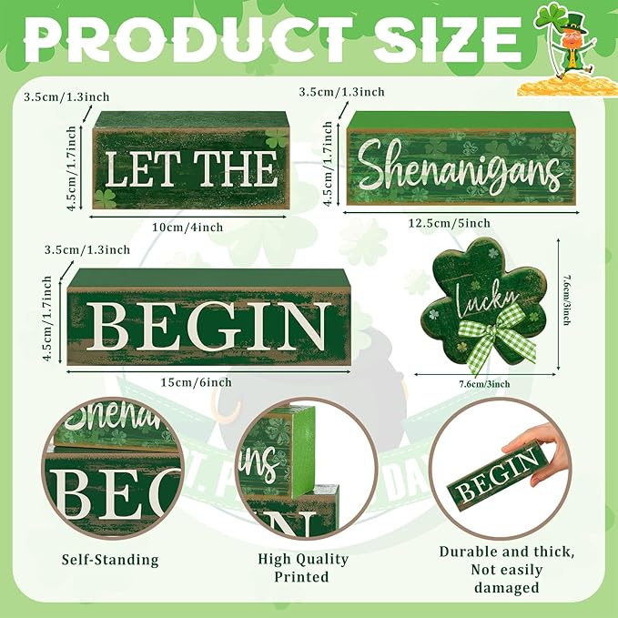 Lineshading 4 Pcs St Patricks Day Table Decorations Wooden Shamrocks St Patrick's Day Tiered Tray Decor Irish Centerpiece Green Lucky Shamrocks Block Signs for Saint Patty's Party Home Kitchen Decor