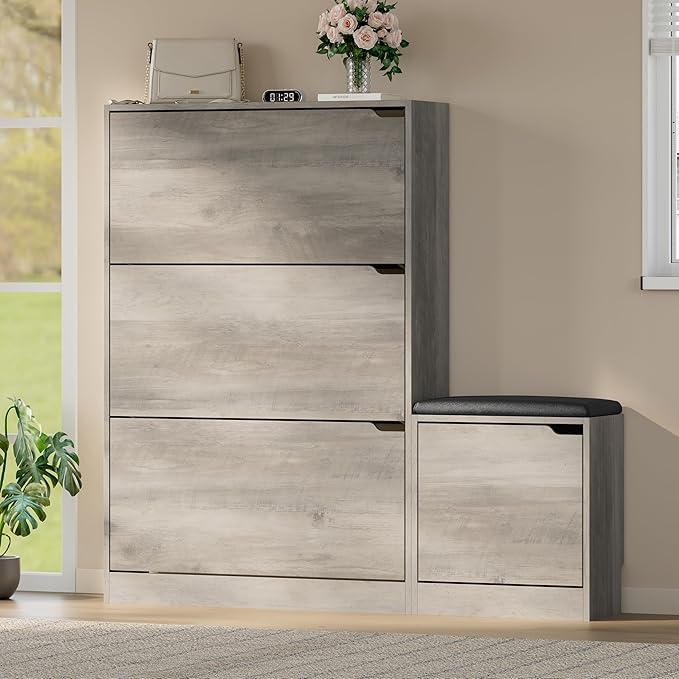 Shoe Cabinet with Bench and 3 Flip Drawers, Slim Narrow Shoe Storage Cabinet, Freestanding Shoe Rack Organizer with Adjustable & Removable Shelves, Anti-Tip for Entryway, Hallway, Foyer