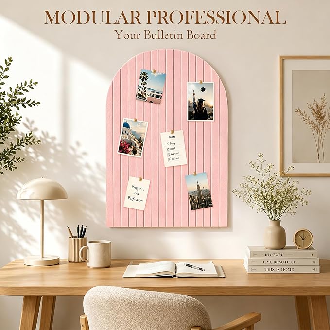Large Cork Board for Wall & Office Decor, 36" x 24" Arched Felt Bulletin Board Pin Board Vision Board with 30 Pins – 6 Customizable Wall Tiles for Office Home Bedroom, Photo & Picture Display