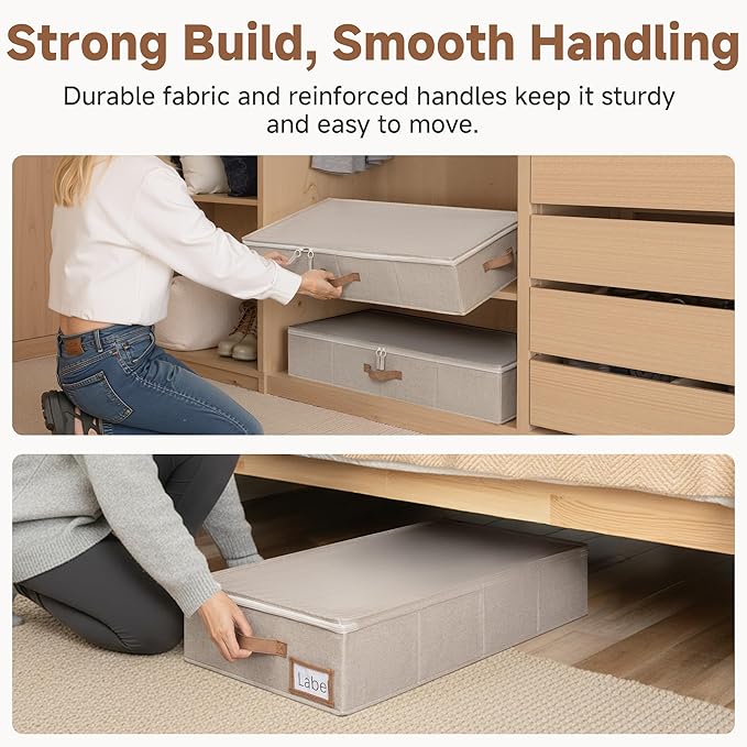 StorageWorks Underbed Storage Containers with Lids, 2-Pack 6" Low Profile Under Bed Organizers for Clothes, Bedding and Sweaters, 53L Large Fabric Storage Bins, Foldable Space Saving, Taupe