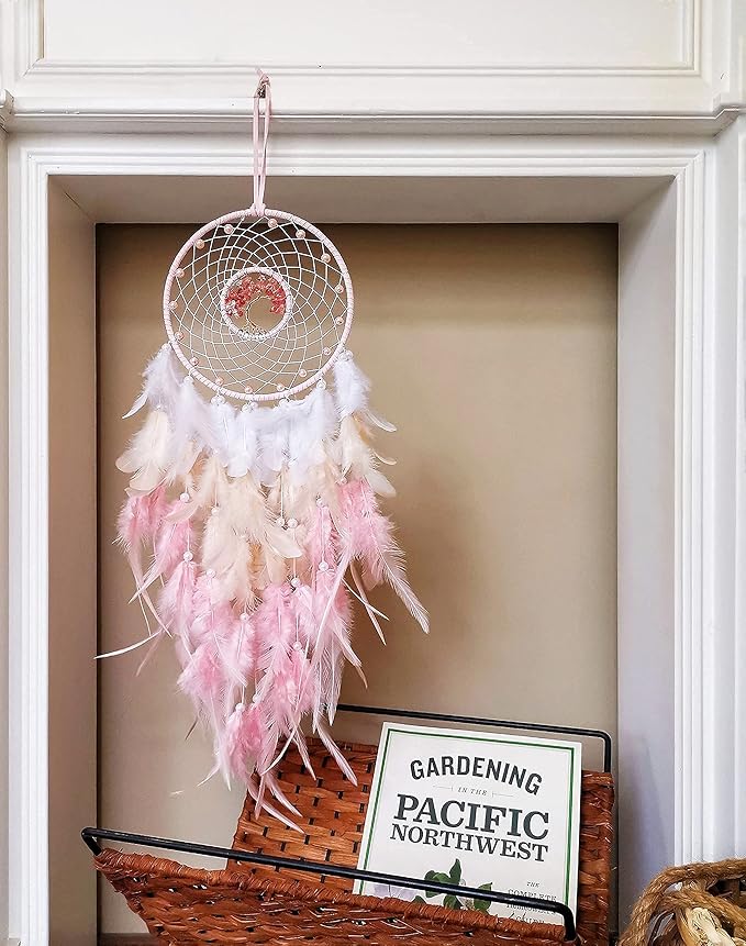 Dream Catchers, Pink Dream Catcher Tree of Life Wall Decor, with Natural Healing Crystal Stone, Perfect Pink Crystal Handmade Dreamlike Dream Catchers for Girls Bedroom Decor Art Craft Gift