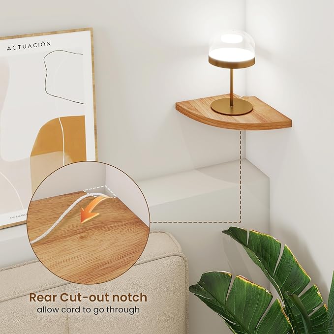 Fun Memories Corner Shelf Wall Mount Set of 2 - Solid Oak Wood Floating Corner Shelf with Cable Hole, 7in Rustic Design for Bedroom, Living Room, Kitchen (Natural)