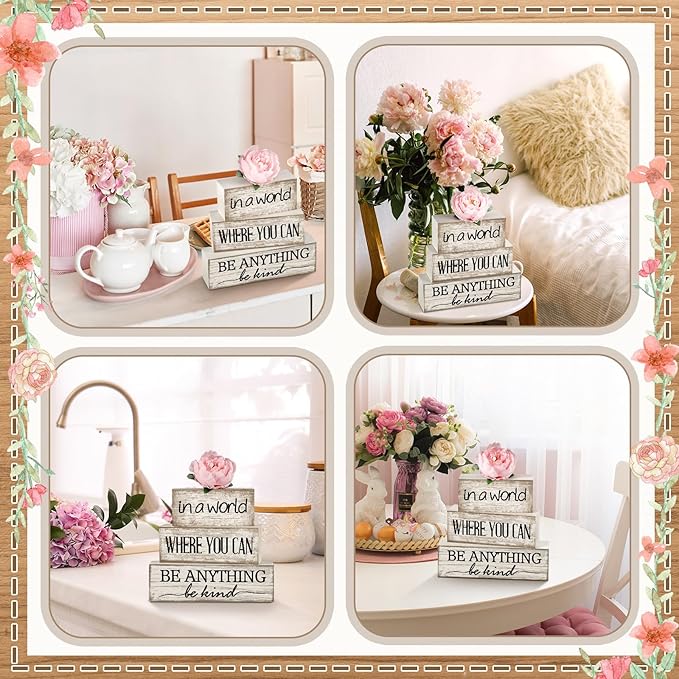Yuntau 4 Pcs Farmhouse Flower Wooden Table Decor Farmhouse Tiered Tray Decor Rustic Faux Decorative in a World Where You Can Be Anything Be Kind Block Sign Inspired Centerpiece for Home Shelf