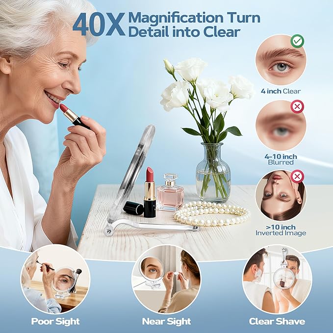 B Beauty Planet 40X Magnifying Mirror, Hand Mirror with Handle, Double Sided Hand Mirror with 40X/1X Magnification, Travel Essential Portable Foldable Makeup Mirror for Precision Makeup Clear