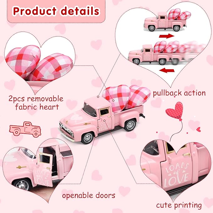 Valentine’s Day Metal Farm Truck with 2 Hearts, Valentines Decorations Vintage Love Romantic Tiered Tray Decor Mini Diecast Pickup Truck Model for Tabletop Shelf Table Décor 4.8inch