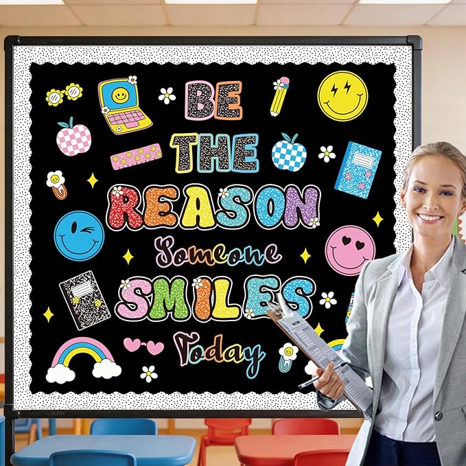 Composition Notebook Classroom Decor, Be The Reason Someone Smiles Today Bulletin Board with Happy Face Apple Rainbow Composition Book Cutouts for Posters Back to School Wall Door Chalkboard Supplies