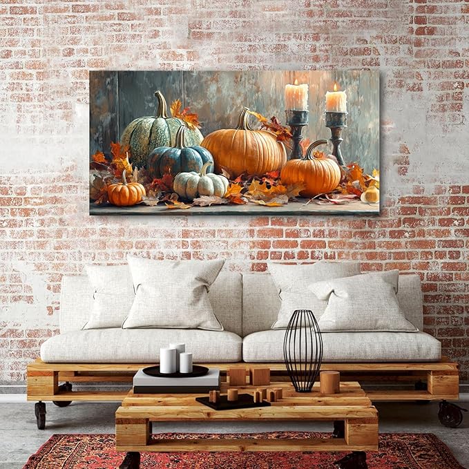 Farmhouse Kitchen Decor Pumpkin Wall Decor Maple Leaves Painting White Orange Pumpkin Canvas Prints Rustic Fall Harvest Themed Picture Still Life Artwork for Bedroom Dining Room Home Decoration 24x48"