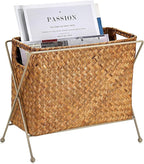 BTSKY Handwoven Magazine Holder, Natural Seagrass Magazine Basket with Metal Rack, Mail Holder Floor Organizer for Office, Living Room, Dorm, Bathroom, Woven Rattan File Basket with Handle(Caramel)