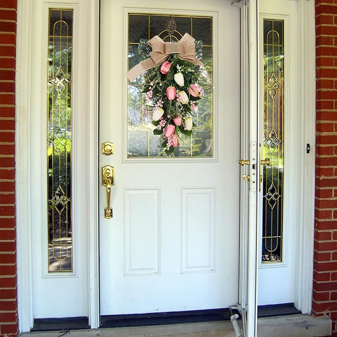belupai 22in Pink Tulips Teardrop Swag, Decorative Floral Swag with Lily of The Valley Flower and Greenery Leaves, Spring Summer Tulips Swag for Indoor Outdoor Window Decor(Multicolor)