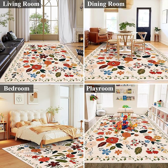 U'Artlines 6x9ft Floral Area Rug, Machine Washable Ultra Soft Low Pile Non Slip Non Shedding Accent Floor Carpet for Living Room, Bedroom, Dining Room, Office (Beige)