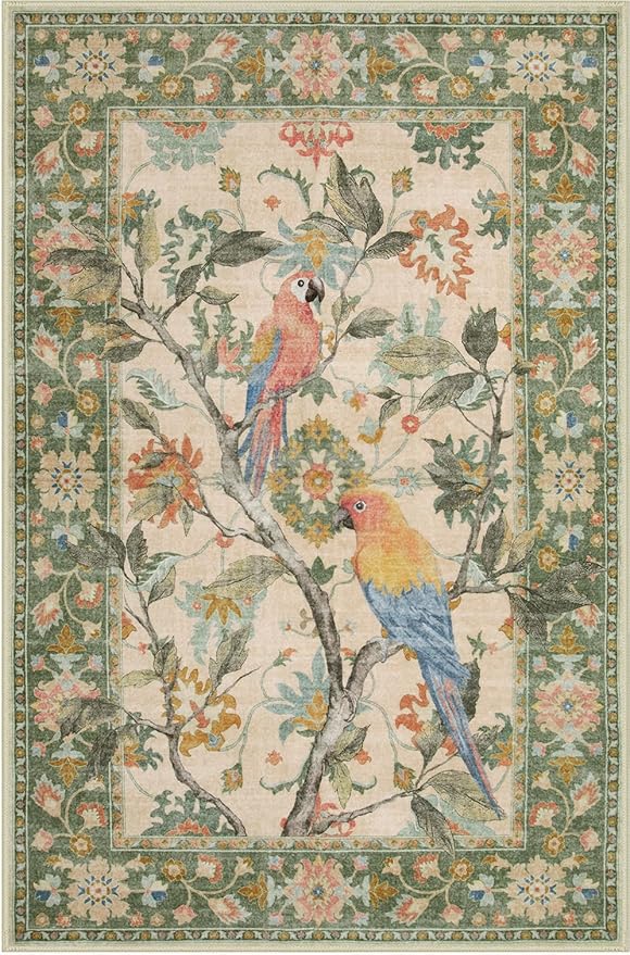 Lahome Botanical Birds 5x7 Washable Living Room Rug, Boho Green Bedroom Dining Room Rugs for Under Table, Large Vintage Indoor Floor Carpet for Home Office Entryway (5x7ft,Green)