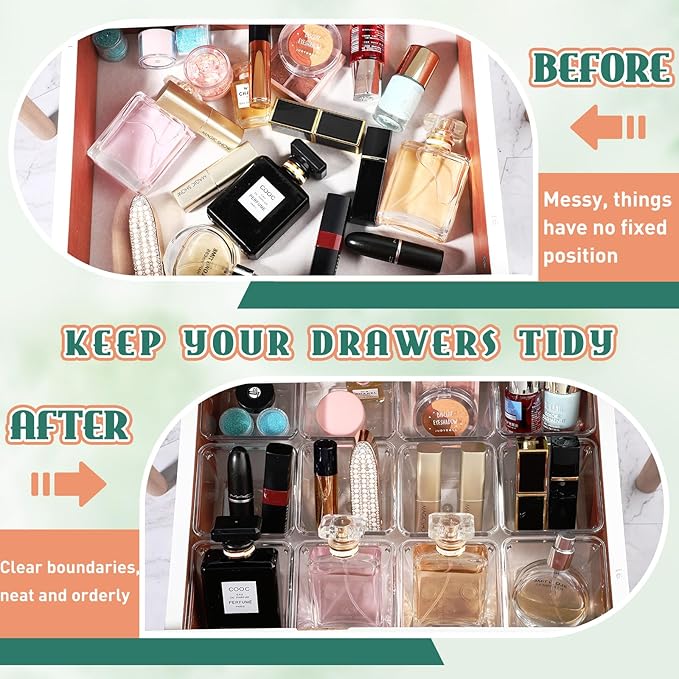 Tioncy 16 Pcs Stackable Clear Drawer Organizer Set 3" x 3" x 2" Small Makeup Vanity Storage Bins Office Desk Drawer Dividers Container Organization for Makeup Vanity Office Bathroom Kitchen Utensil