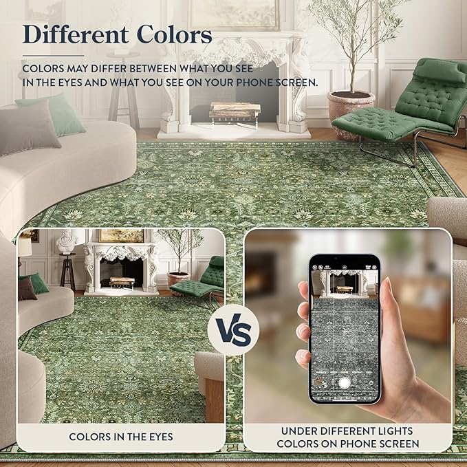 Lahome Moss Green Area Rug 8x10, Machine Washable Low Pile Thin Carpet for Living Room, Non-Slip Boho Rug for Bedroom Dining Office Apartments Home Decor