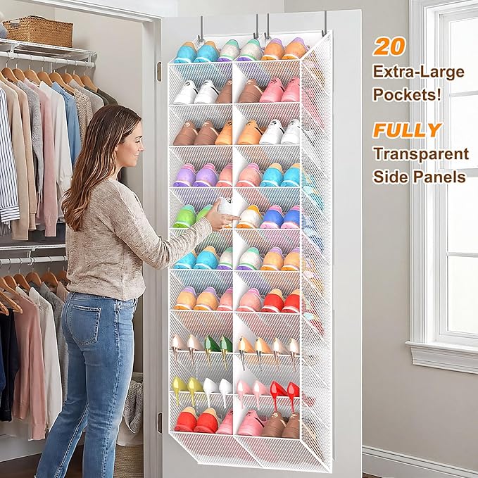 30 Pairs Over the Door Shoe Organizer, Breathable Mesh Pocket Hanging Shoe Storage for Closet, 10-Tier Door Shoes Rack, Handing Shoes Holder Fit All the Family's Sneakers, Boots, Heels, White