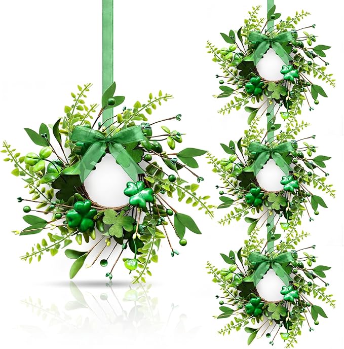 4 PCS Mini St. Patrick's Day Glitter Shamrocks Wreath for Front Door St. Patrick's Day Kitchen Cabinet Wreaths Decorations with Ribbon Small Lucky Green Irish Clover Berry Wreath for Porch Window