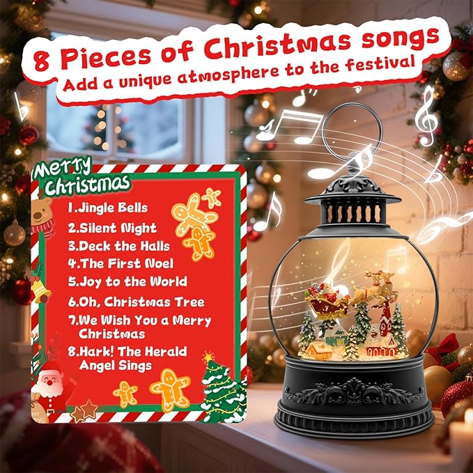 Christmas Snow Globes, Light Up Snow Globe with 6H Music Timer, Auto Snowfall, USB or Battery Powered, Christmas Globe with Santa Snow Globe Scene, Indoor Christmas Decorations for Home, 11.4 Inch