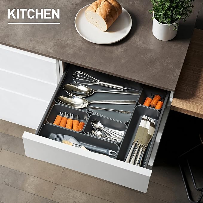 ISSEVE 8Pcs Nesting Silicone Drawer Organizer Trays, 4 Size Versatile Vanity Bathroom & Desk Drawer Organizer Set Storage Bins for Office,Kitchen,Nightstand,Black