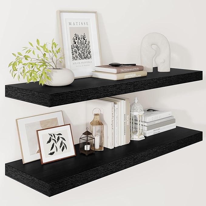 Vivelove 12" Deep Floating Shelves for Wall 36 Inches Long, 2 in Thick Wall Shelves, Shelf for Bedroom, Bathroom, Living Room, Kitchen, Office, Modern Home Decor, 36" X 12" X 2", Set of 2, Black