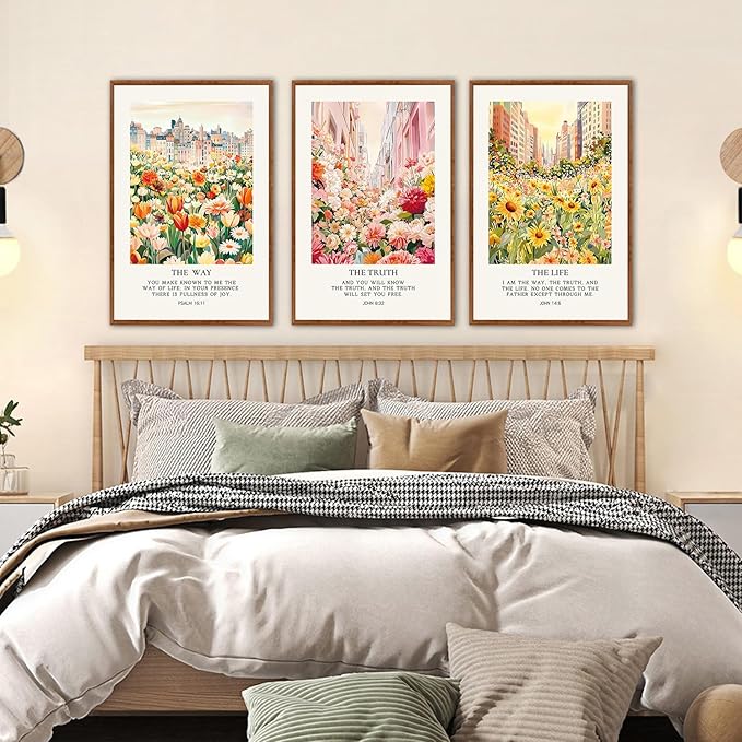 KAlRNE Christian Floral Framed Canvas Wall Art Set of 3(16”X24”),Bible Verse Cityscape Wall Decor,Vintage Colorful Flower Picture Inspirational Scripture Art Prints For Living Room Bedroom Church