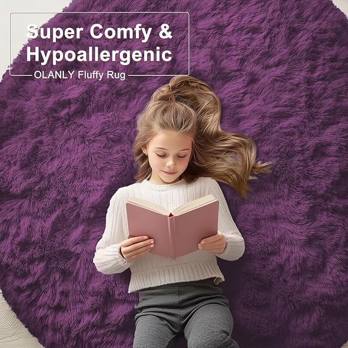 OLANLY Dark Purple Round Rugs for Bedroom - Machine Washable, 7 ft Circle Area Rugs for Living Room, Soft and Fluffy Shaggy Carpet for Teen Girl and Boys, Nursery Rooms, Dorms, Home Decor Aesthetic