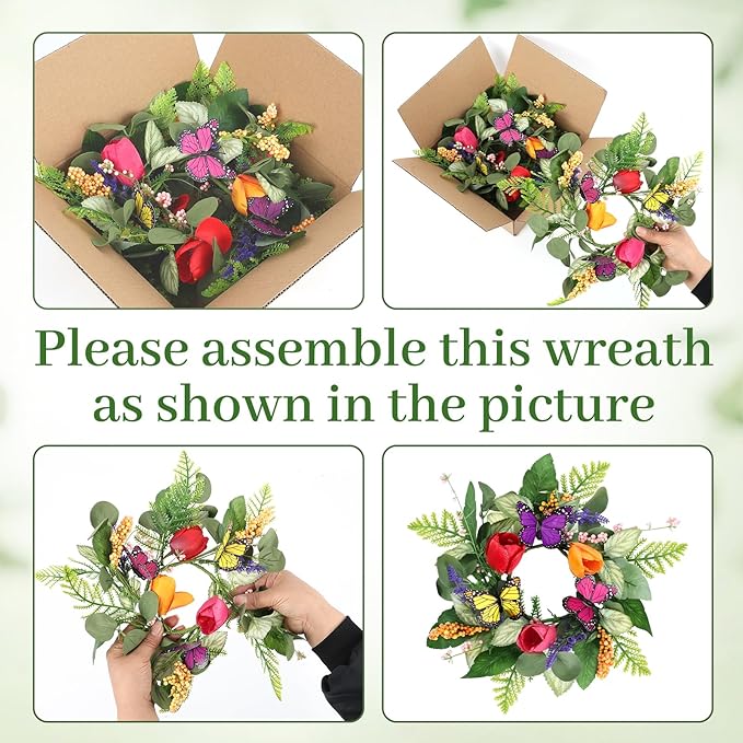 4 PCS Spring Lavender Tulips Hanging Wreaths for Kitchen Cabinets Artificial Small Floral Wreaths for Front Door with Butterfly Spring Summer Mini Wreath for Home Farmhouse Window Porch Wall Decor