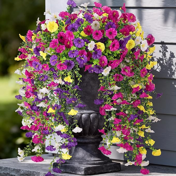 Artificial Hanging Petunias Flowers for Outdoor, 8pcs Fake Plants Long Vine Morning Glory Eucalyptus, UV Resistant Realistic Faux Greenery Outside Patio Porch Garden Spring Summer Decor, Mix Color
