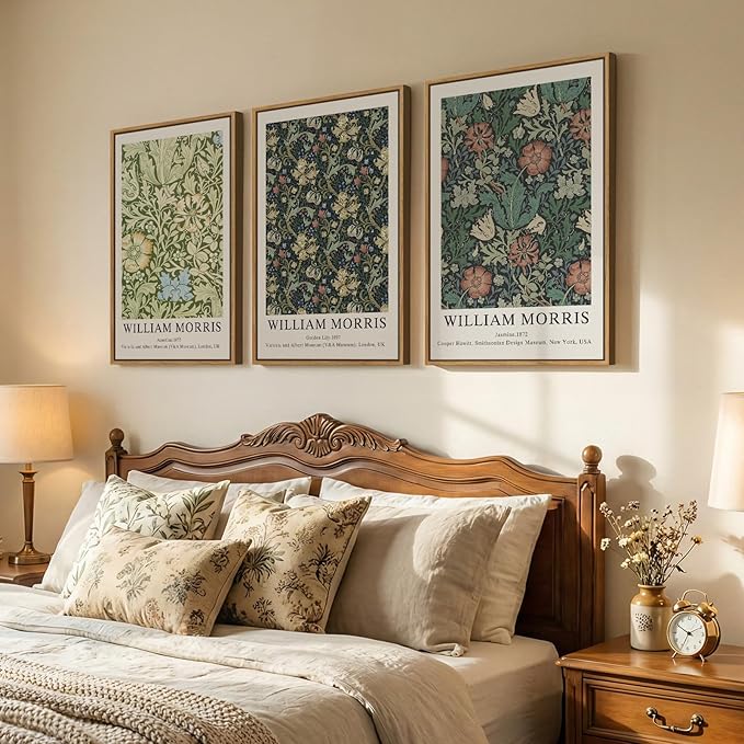 Large Framed William Morris Green Wall Art Set of 3, Vintage Floral Canvas Picture Paintings for Walls, Rustic Botanical Floral Artwork Prints for Living Room, Bedroom, Dining Room, Hallway, Office Wall Decor, Total Size 30x60 In