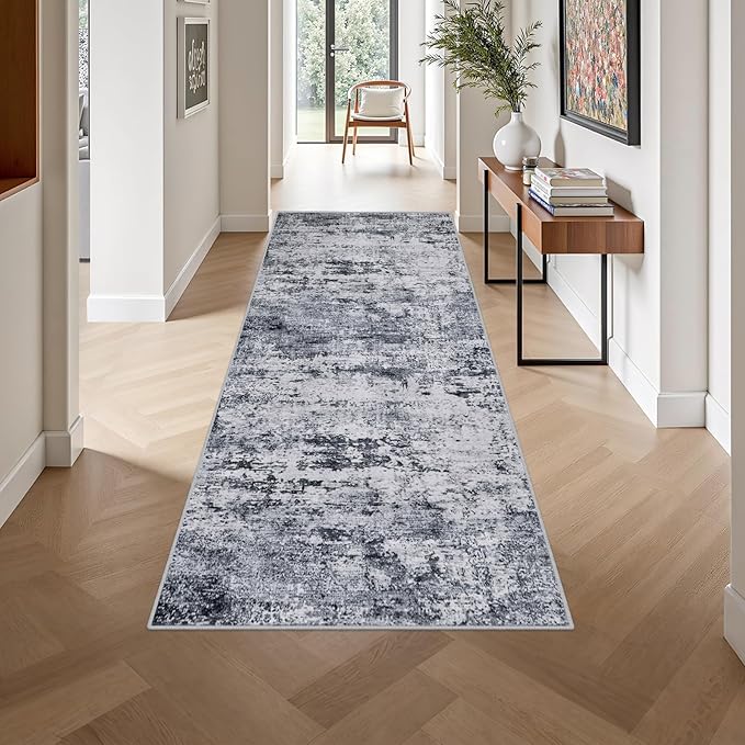 Washable Area Rug 3x8 Entryway Rug: Washable Modern Abstract Soft Thin Rug Indoor Floor No Slip Stain Resistant Carpet for Bedroom Dining Room Farmhouse Nursery Home Office - Grey