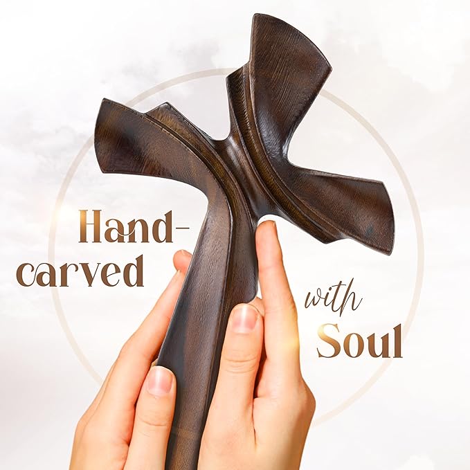 DAICAT - Hand-Carved Wooden Cross 9.8” – Christian Wall Decor for Easter, Baptism Gift, Unique Religious Gift for Mom, Sister, Teen Boy (No 1)