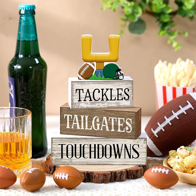 Lineshading 4 Pcs Football Table Decorations Football Tiered Tray Decor Sport Game Centerpiece Sign Decorative Rugby Stack Block Gift for Fans Club Tailgate Birthday Party Table Shelf Fireplace Decor