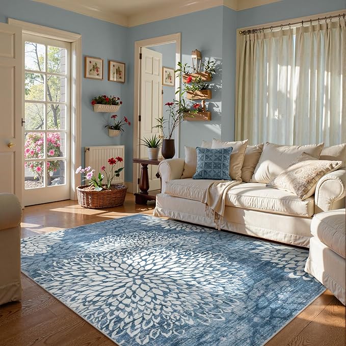 Dahlia 5x7 Blue Floral Rug for Bedroom, Low Pile Soft Washable Area Rugs for Living Room, Boho Non Slip Large Blue Carpet, Stain Resistant Throw Rug for Dining Room Home Office