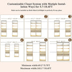 Closet System Set of 2, 5.7-10.4FT Closet Organizer System with 6 Wood Drawers & LED Glasstop, Wood Walk-in Closet with 10 Hanging Rods & 2 Trouser Rack, Built-in Garment Rack with Shelves, White Oak