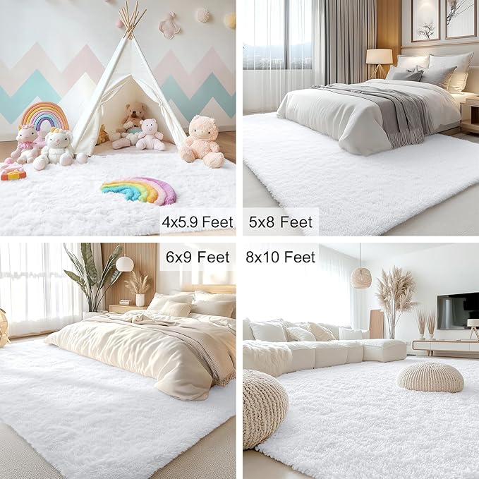 OLANLY 7x12 Machine Washable Large Area Rugs for Living Room, Bedroom, Soft Fluffy Shaggy Bedside Rug, Indoor Floor Carpet for Kids Girls and Boys, Dorms, Nursery, Home Decor Aesthetic, White