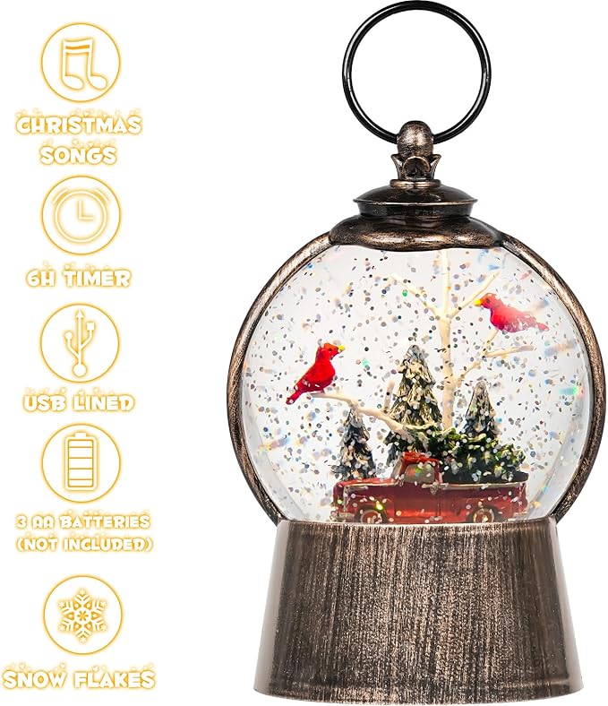 Christmas Snow Globe Lantern with Timer Cardinals Christmas Tree Truck Lighted Music Snow Globes, USB & Batteries Powered Holiday Glitter Globe for Xmas Indoor Decoration and Cardinal Gifts