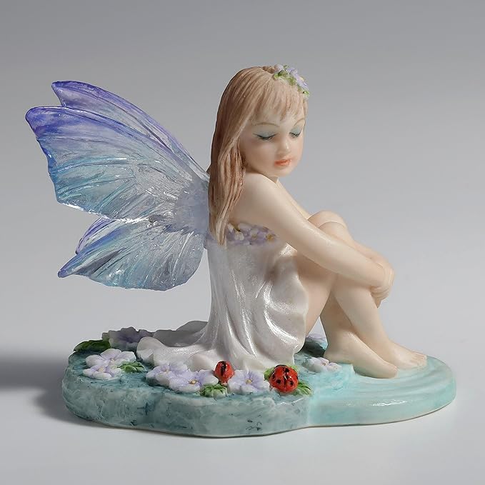 Veronese Design 2 1/4 Inch Lapis Fairy Knee Hugging Pose with Lady Bugs Collectible Figurine Home Decor Gift