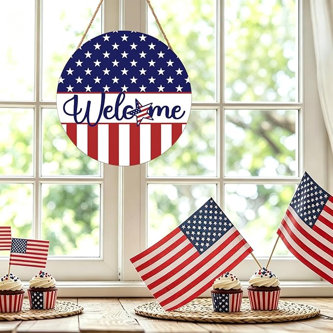 Harooni 4th of July Welcome Sign Memorial Day Door Hanger 12x12 Inch American Flag Star Wreaths for Front Door Decor American Patriotic Independence Day Hanging Sign for Home Wall Window Porch Outdoor
