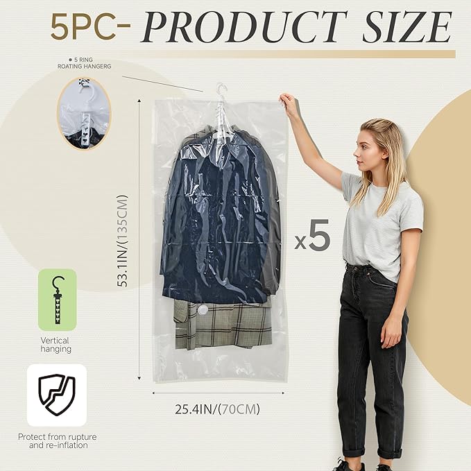 Hanging Vacuum Storage Bags,Hanging Vacuum Sealer Storage Space Saver Bags for Clothes, Suits, Coats, Dresses or Jackets, Reusable Compressed Vacuum Bags Closet Organizers,Long 5 Pack(53.1x27.6in)