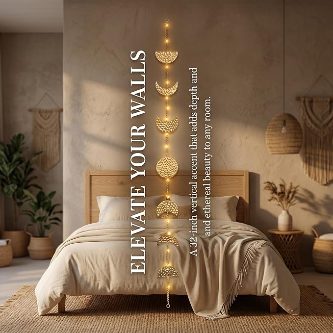 opulinea 32 Inch Hammered Gold Moon Phase Metal Wall Decor with LED String Lights, Celestial Hanging Wall Sculpture, Boho Lunar Wall Art for Bedroom, Living Room, Bathroom, Apartment