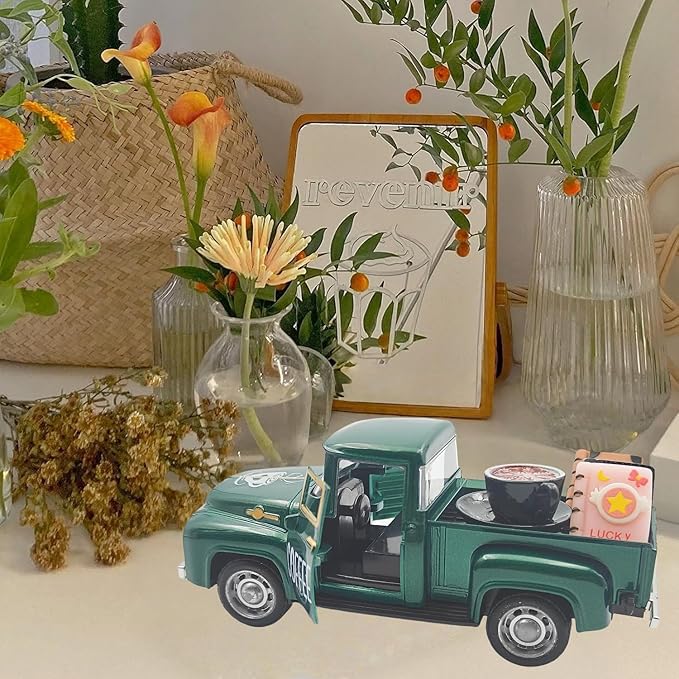 Vintage Mini Metal Pickup Truck with The Coffee Decor and The 4 Books,for Home Farmhouse Kitchen Decor & Coffee Decorations (Coffee-Green)