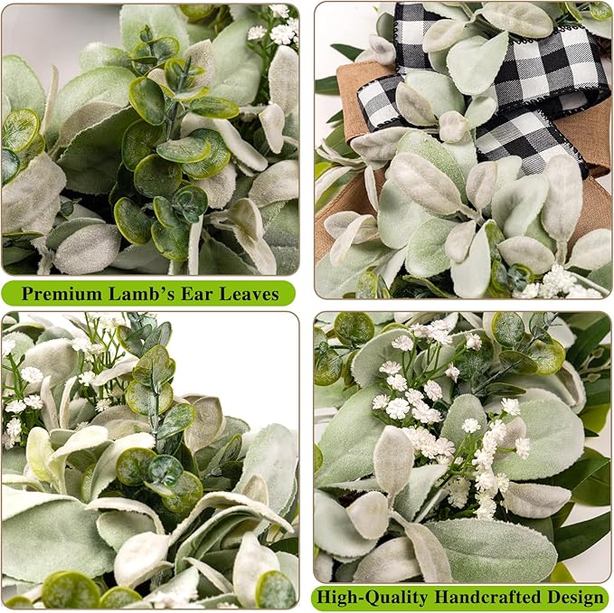 Lambs Ear Eucalyptus Front Door Wreath Year Round, 20" Handmade Green Farmhouse Spring Summer Wreath for Porch Wall Outdoor Indoor Home Decorations