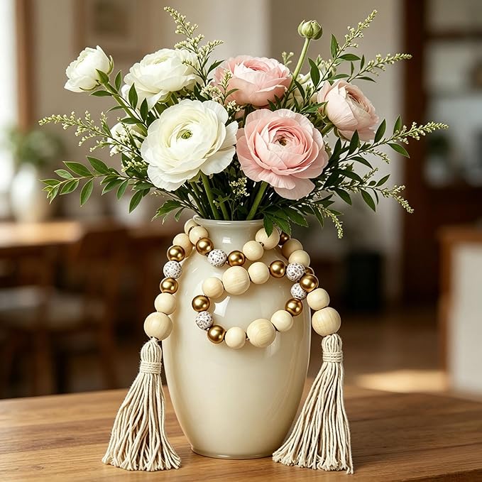 Wood Bead Garland with Tassel, Farmhouse Beads Rustic Country Decor, Boho Chic Wall Hanging Home Decor for Wall, Above Cabinet & Table